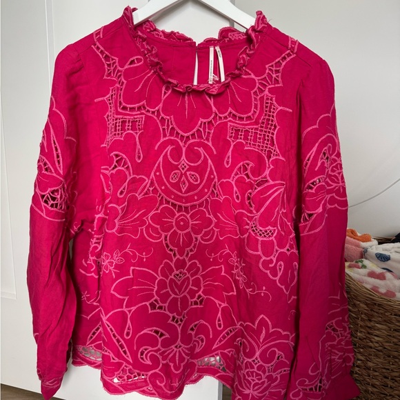 Anthropologie Tops - Anthropologie Vibrant Pink Embroidered Blouse